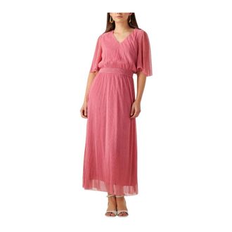 Minus Kleedjes, Dames, Roze, S, Denim, Elegante V-hals Maxi Jurk in Roze