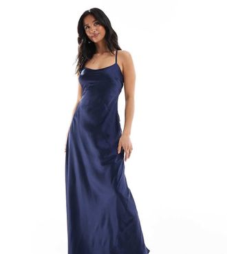 Tfnc Petite Bridesmaid cami satin maxi dress with chiffon tie back in navy