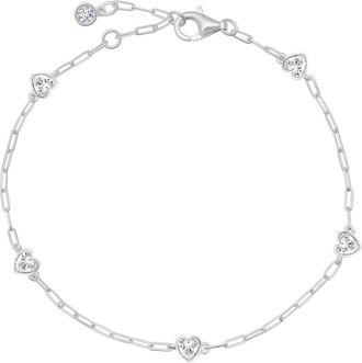 Crislu Valentine Cubic Zirconia Heart Station Bracelet in Pure Platinum /Clear Stone at Nordstrom, Size 7