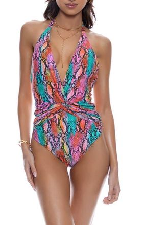 Luli Fama Front Twist Halter One Piece Fuller Coverage in Multi-Purple at Nordstrom, Size X-Small