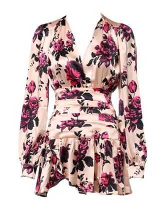 Laneus Floral Silk Long Sleeves V-neck Wrap Mini Womens Dress (Pre-Owned)