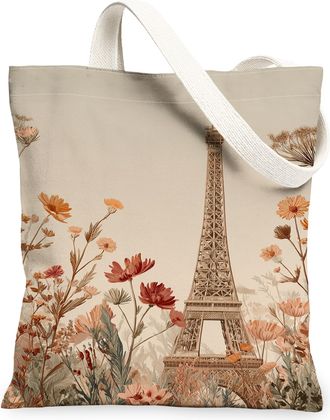 Generic Floral Canvas Tote Bags, Vintage Flower Design Lightweight Reusable Grocery Bags, Elegant Eco-Friendly Shoulder Strap, Beige, 13x15 Inch