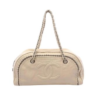 Chanel Pre-owned Coco Mark Mini Boston Schoudertas - Dames - Pre-owned - Beige - Maat: ONE Size Leer
