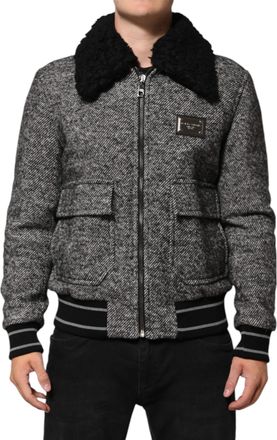 Dolce & Gabbana Gray Wool Herringbone Shearling Collar Bomber Mens Jacket