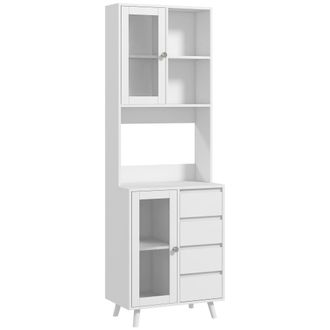 HOMCOM Alacena De Cocina Buffet Aparador Armario Con 2 Puertas De Vidrio Compartimentos Abiertos 4 Cajones Y Estantes Ajustables 60x35x180 Cm