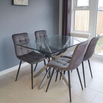 Kosy Koala Modern Rectangle Glass Dining Table Set With 4 Grey Velvet Chairs Dining Room Furniture in Brown