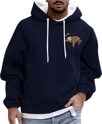 Generic Hoodies for Men UK Long Sleeve Oversized Hoodie Plain Colour Sloth Print Hooded Sweatshirts Loose Fit Kangaroo Pocket Smart Jumpers Autumn Winter Mens