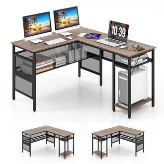 Costway Costway L-Shaped Computer Desk Reversible Corner Workstation w/ Mesh Storage in Grey