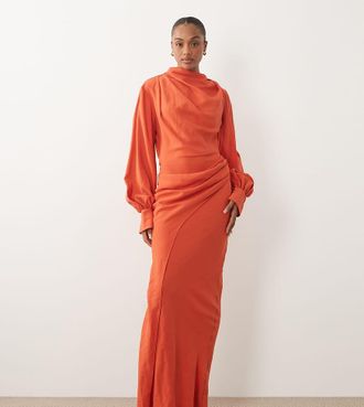 Asos Tall ASOS DESIGN Tall - Vestito lungo accollato drappeggiato arancione