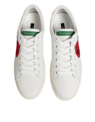 Dolce & Gabbana Rose-Embroidered Calf Leather Sneaker - White