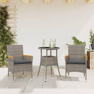 vidaXL Set Comedor Jard&iacute;n 3 Pzas Y Cojines Rat&aacute;n Sint&eacute;tico Vidrio Gris Vidaxl