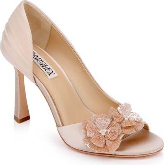 Badgley Mischka Yana Sequin Flower Sandal in Nude Satin at Nordstrom, Size 7.5