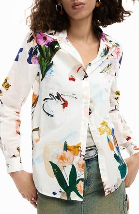 Desigual Floral Print Woven Shirt in White at Nordstrom, Size X-Large