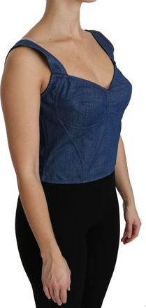 Dolce & Gabbana Womens Blue Sleeveless Bustier Blouse Cotton Top Nylon Elastane