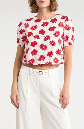 Elie Tahari Floral Print Bubble Hem Cropped Top in White /Red Flower at Nordstrom Rack, Size X-Small