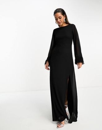Tfnc Tfnc long sleeve maxi dress with faux feather cuffs in black-Blue