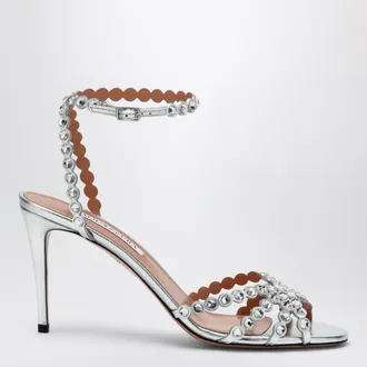 Aquazzura Tequila silver sandals in metallic leather with crystals