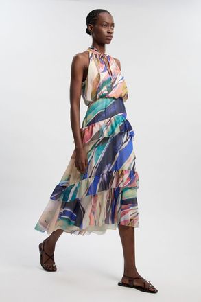 Karen Millen Womens Marble Print Crinkle Chiffon Halter Neck Woven Maxi Dress - Multicolour - Size 14 UK