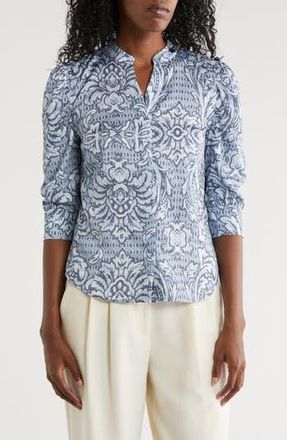 T Tahari Ruched Split Neck Top in Abstract Scroll at Nordstrom Rack, Size Medium