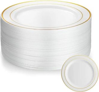 OEM 50 Platos, Pl&aacute;stico, Borde Dorado, 19,5 Cm, Reutilizables, Bodas, Fiestas