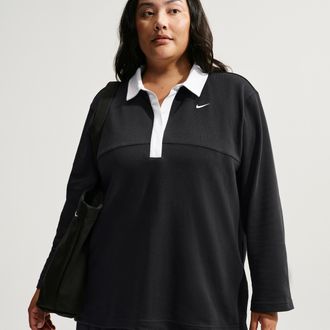 Nike Womens Nike Sportswear Oversized Long-Sleeve Polo (Plus Size) in Black | IF0359-010
