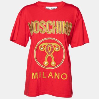Moschino Couture Red Cotton Knit Logo Embroidered Oversized T-Shirt