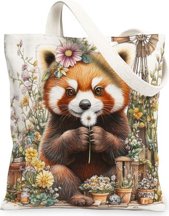 Generic Spring Red Panda Canvas Tote Bag for Shopping 13x15, Farmhouse Country Animal Reusable Grocery Print Bag for Women, Farm Wildflower Beach Aesthetic Pa
