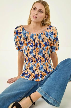 Roman Floral Print Shirred Bardot Top