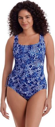 Longitude Faux Shirred Tie Tank Long Torso One-Piece Swimsuit in Floral City at Nordstrom, Size 12