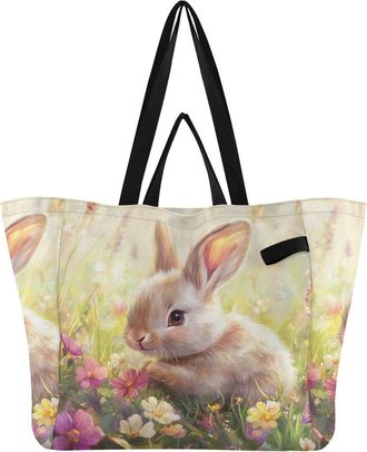 Generic Flowers Rabbit Yellow print Reusable Canvas Tote Bag, Heavy Duty Grocery Shopping Bag with Hard Bottom Double Handles Large Capacity Work Groceries Tr