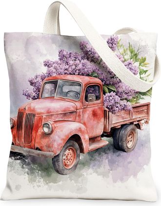 Generic Spring Lilac Truck Flower Canvas Tote Bag for Shopping 13x15, Farmhouse Floral Scenic Reusable Grocery Print Bag for Women Men, Garden Aesthetic Paint