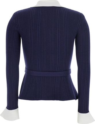Self Portrait Womens Cardigan Blue Ribbed Tops Top