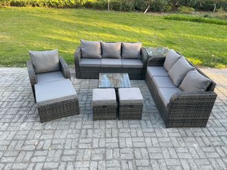 Fimous 10 Seater Outdoor Rattan Garden Furniture Set Conservatory Patio Sofa Coffee Table With 3 Footstools Side Table Dark Grey Mixed