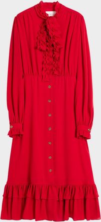 Valentino Garavani Ruffle Bow Long-Sleeve Silk Georgette Midi Shirtdress