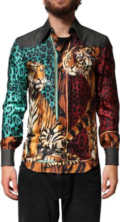 Dolce & Gabbana Multicolor Tiger Leopard Print Silk Men Mens Shirt