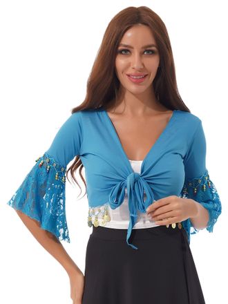 TiaoBug Womens 3/4 Flared Lace Sleeve Belly Dance Top Wrapped Shrug Shiny Bead Tassel Tied Crop Top Sky Blue XXL