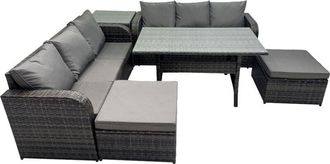Fimous 8 Seat Outdoor Wicker pe Rattan Garden Furniture Set Dining Table Sofa Set with 2 Big Stools Side Table Dark Grey Mixed - Fimous