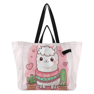 Generic Cute Alpaca Cactus Hearts Valentines Day print Reusable Canvas Tote Bag, Heavy Duty Grocery Shopping Bag with Large Capacity Hard Bottom Double Handle
