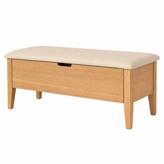 Woodek Banco de roble macizo 110 cm, asiento de cuero beige