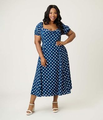 Unique Vintage Plus Size Dot Puff Sleeve Midi Dress in Navy/white at Nordstrom, Size 3X
