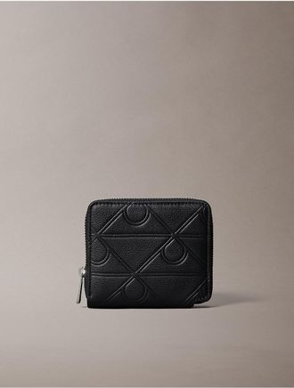Calvin Klein Mens Embossed Allover Emblem Logo Zip Wallet - Black
