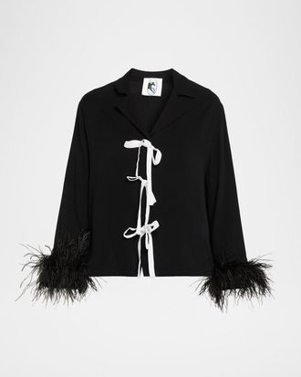 Sleeper Cropped Feather-Cuff Viscose Pajama Set