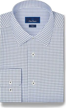 David Donahue Trim Fit Check Stretch Twill Shirt in White/navy at Nordstrom, Size 16.5