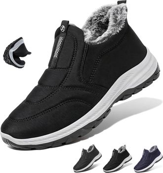 Generic Mens Winter Warm Fur Lined Slip-On Snow with Arch Support Cozy Fleece Lightweight Waterproof Non-Slip Walking Shoes (Black,6.5)