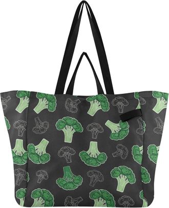 Generic Broccoli Vegetable Black pattern Reusable Canvas Tote Bag, Heavy Duty Grocery Shopping Bag with Hard Bottom Double Handles Large Capacity Work Groceri