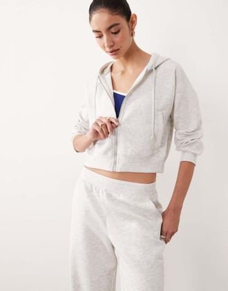 Abercrombie & Fitch YPB - Felpa corta in pile grigia con cappuccio e zip in coordinato-Grigio