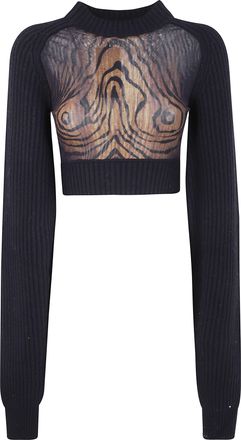 Jean Paul Gaultier Womens Lambswool Ribbed Long Sleeves Cropped Sweater With Printed Mesh Cut Out Details - Black - Size Medium