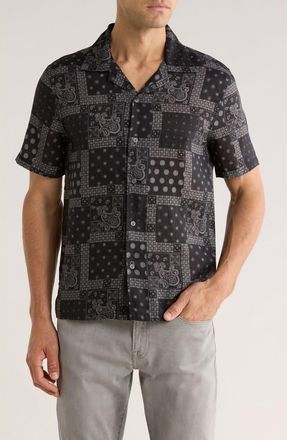 John Varvatos Dan Bandana Print Linen Camp Shirt in Black at Nordstrom, Size Xx-Large