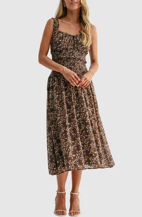 All in Favor Floral Drop Waist Tiered Midi Dress in Brown Floral at Nordstrom, Size Xx-Small