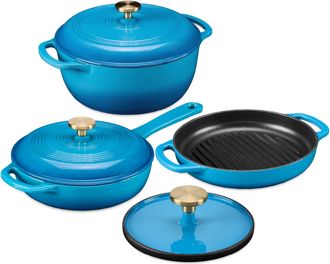 Best Choice Products 6-Piece Enameled Cast Iron Cookware Set, 6QT Dutch Oven W/ Lid, 2QT Skillet W/ Lid, Grill Pan, Grill Press
